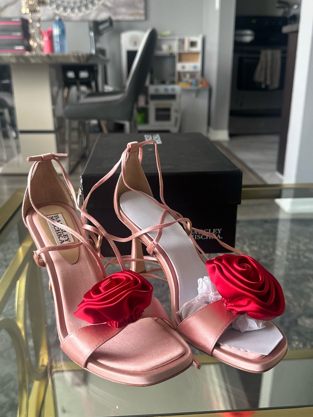 Badgley Mischka Pink Satin Heeled Sandals with Red Rose Appliqués